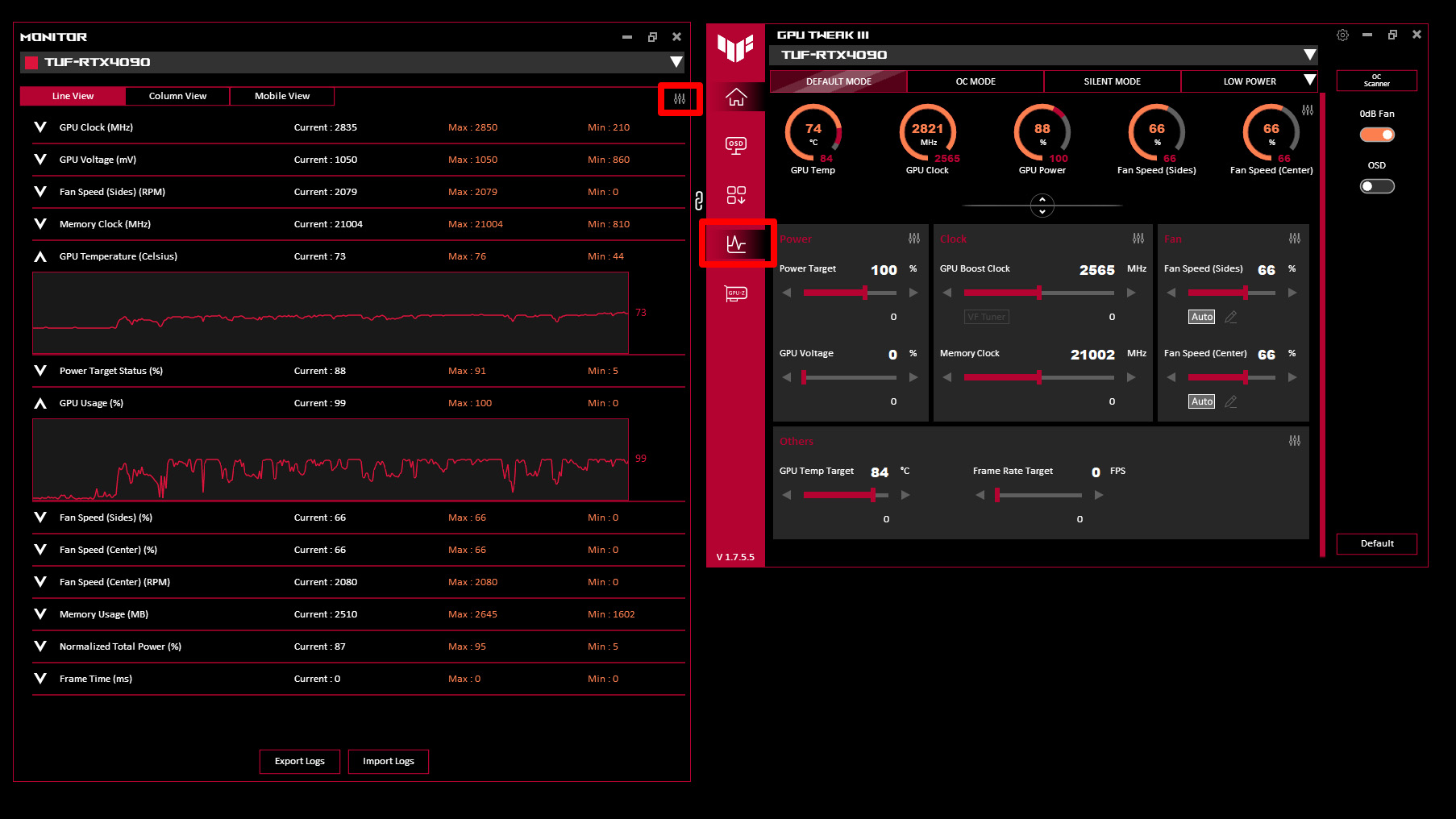 The main GPU Tweak III window with the Monitor button highlighted.