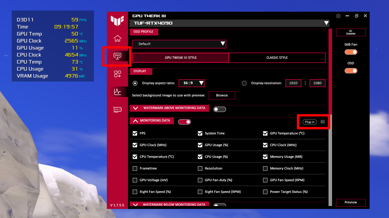 The main GPU Tweak III window with the OSD visible in the corner of the screen.