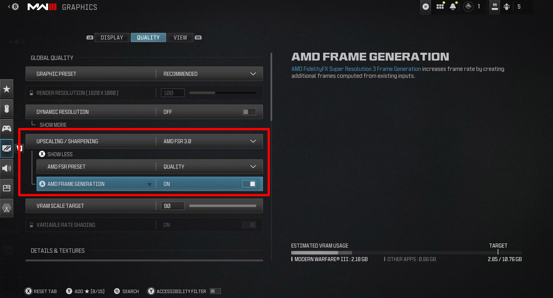 The Call of Duty graphics settings, with AMD FSR 3 and Frame Generation highlighted.