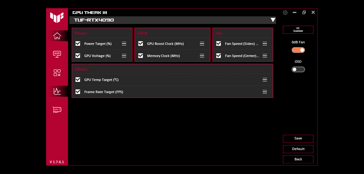 A window showing checkboxes next to each of GPU Tweak's main sliders.