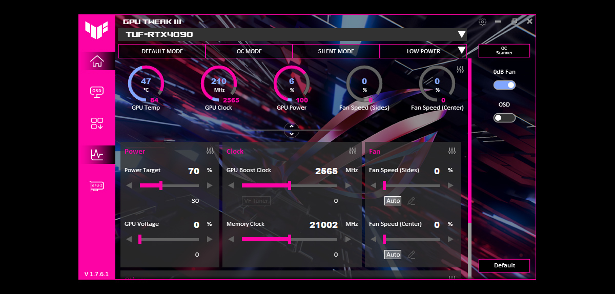 The main GPU Tweak III window with pink and blue colors and an ROG background.