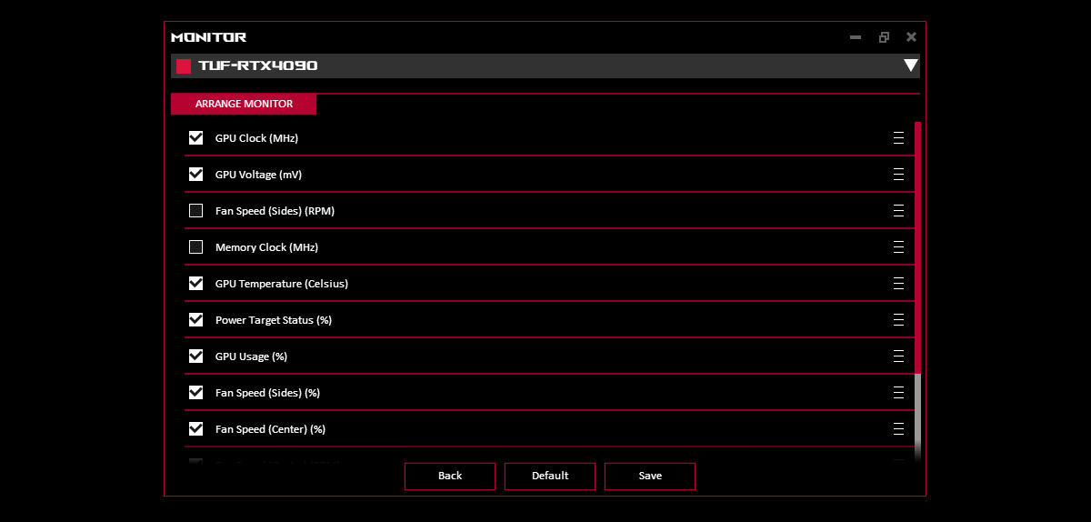 A window showing checkboxes next to each of GPU Tweak's monitor items.