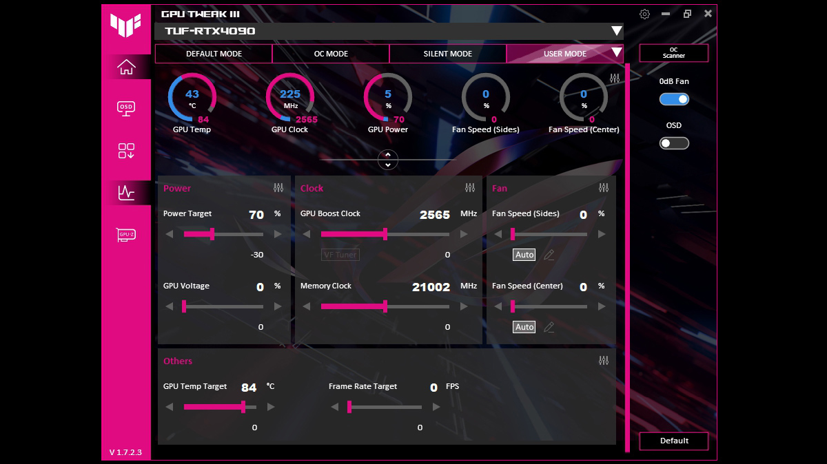 Die Oberfläche von GPU Tweak II von ASUS mit angepassten Farben in Pink und Blau