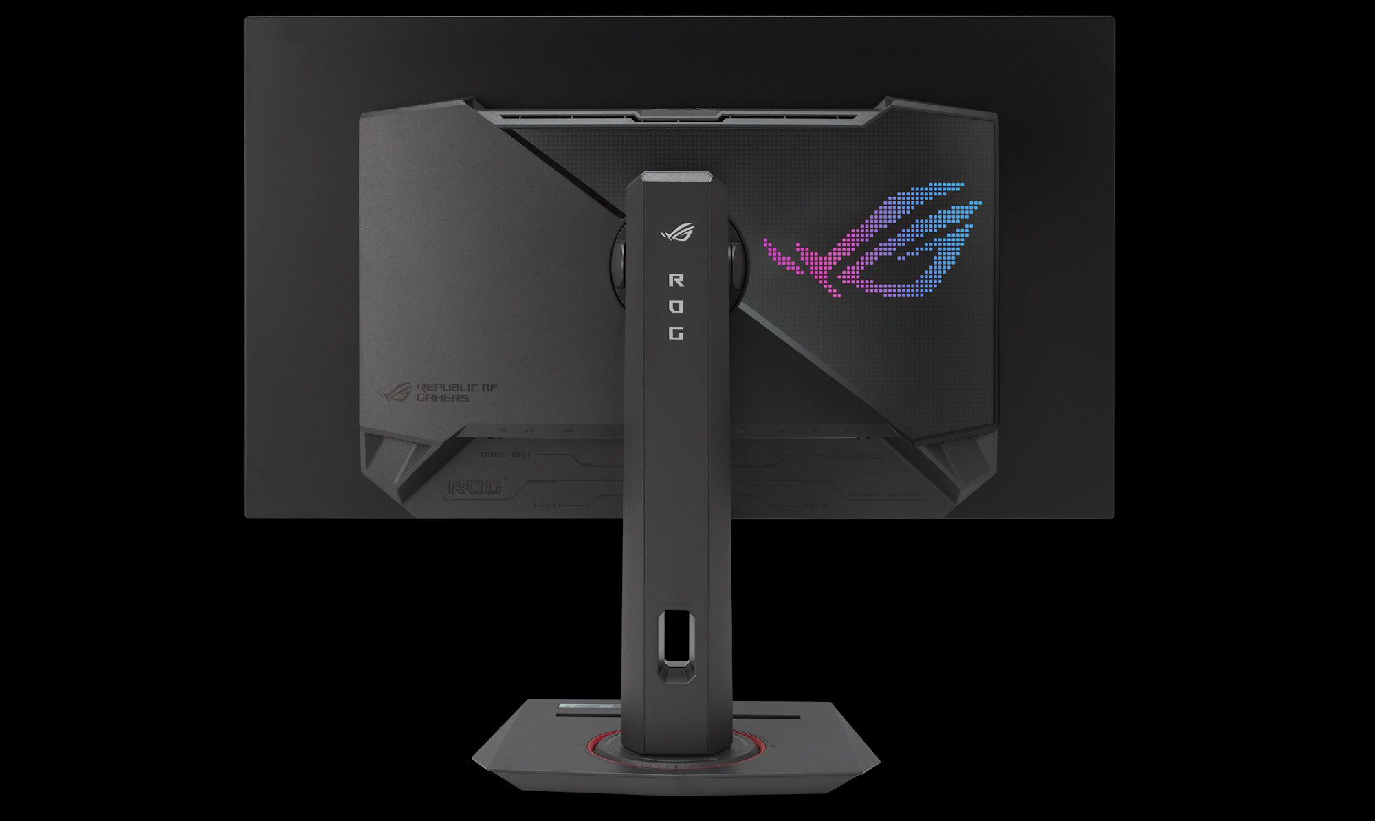 A rear view of the ROG Strix OLED XG27AQDMG gaming monitor