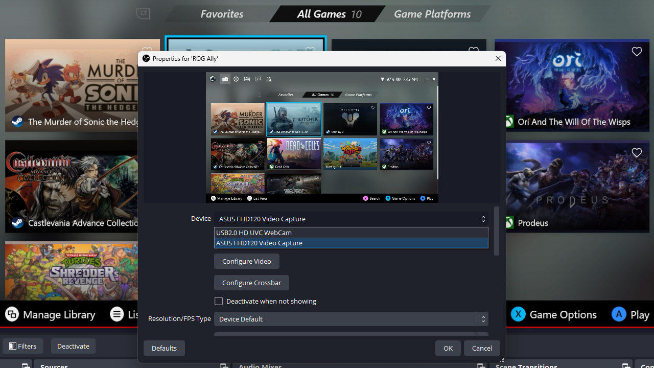 Screenshot of the Add Video Capture device menu in OBS Studio with a TUF Capture Box selected.
