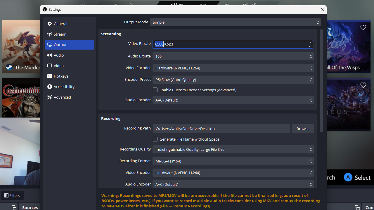 Screnshot of the OBS Studio output settings window.