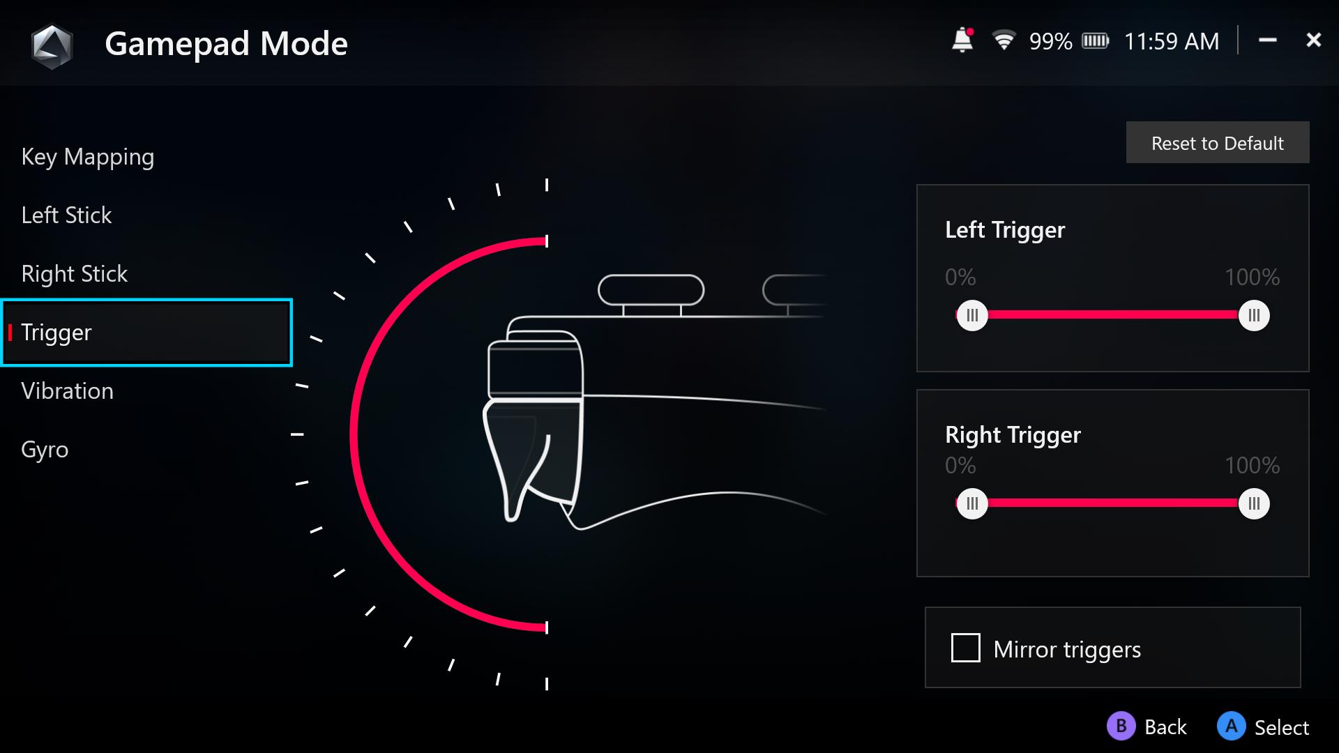 A screenshot of Armoury Crate showing the ROG Ally's triggers, with a red line indicating the trigger threshold.