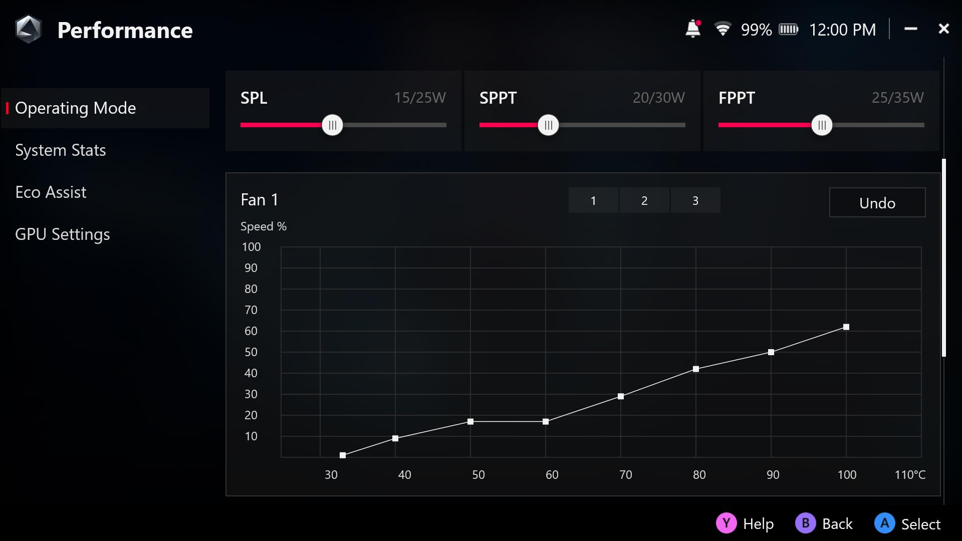A screenshot of Armoury Crate's operating modes on the ROG Ally, showing a graph for fan curves..