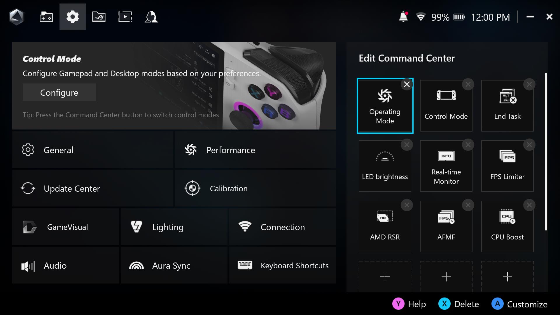 A screenshot of Armoury Crate's Settings menu, with the ability to edit Command Center functions.