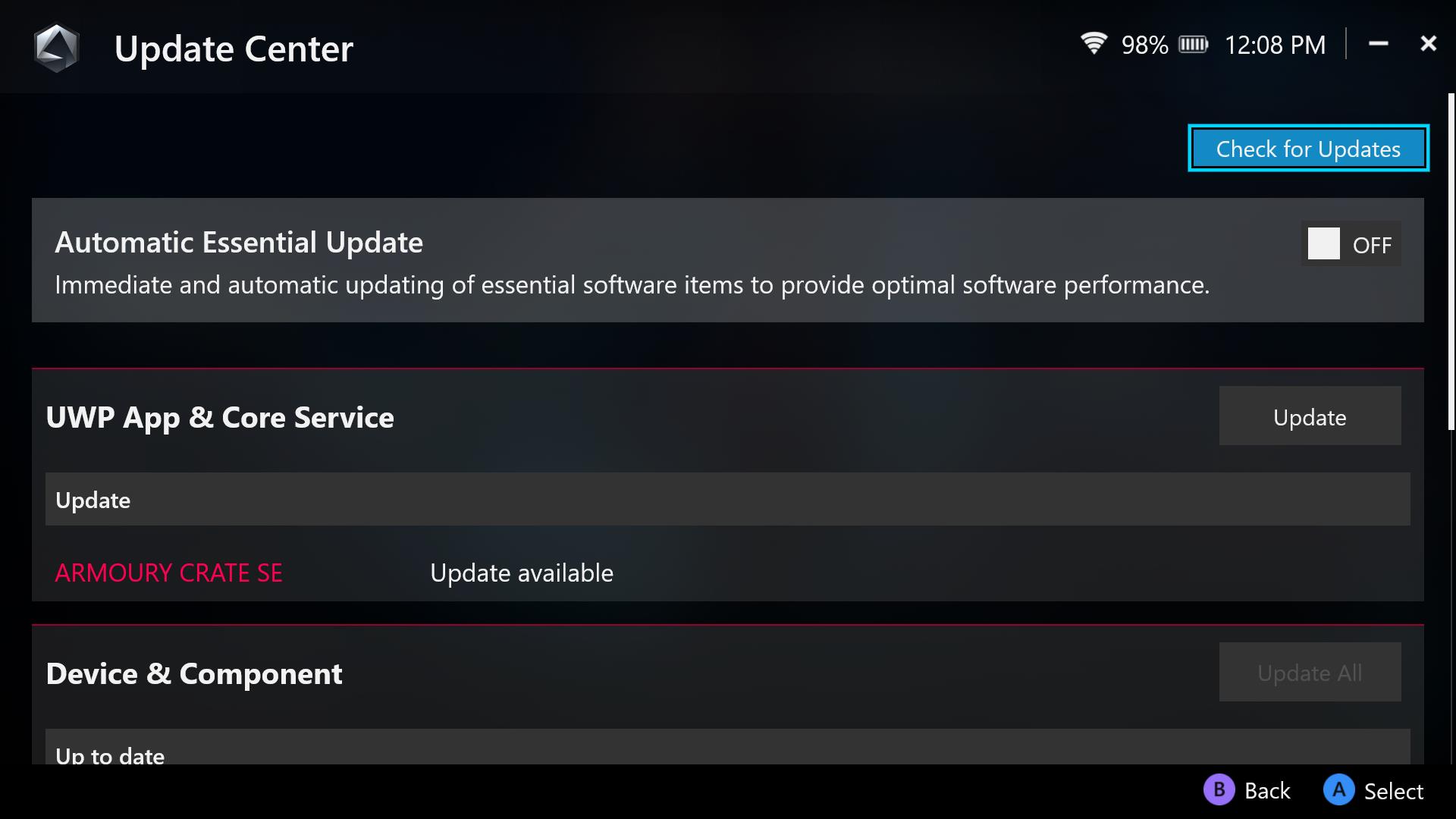 A screenshot of the Armoury Crate SE update center.
