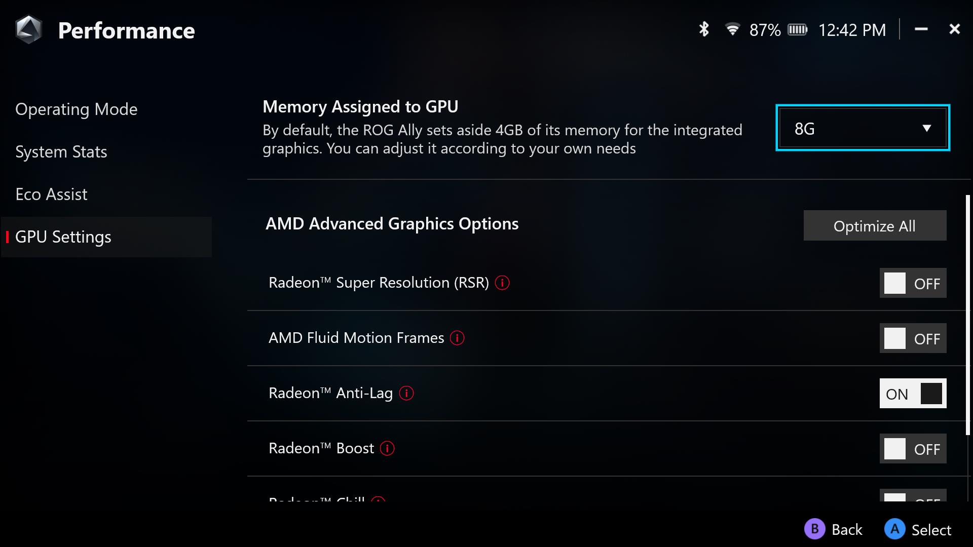 A screenshot of Armoury Crate SE's GPU settings.