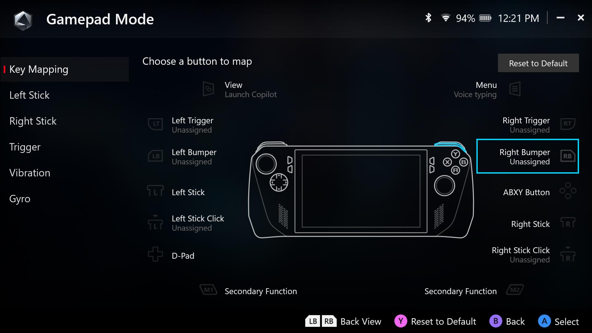 A screenshot showing an outline of the ROG Ally, with each button configurable to different functions.