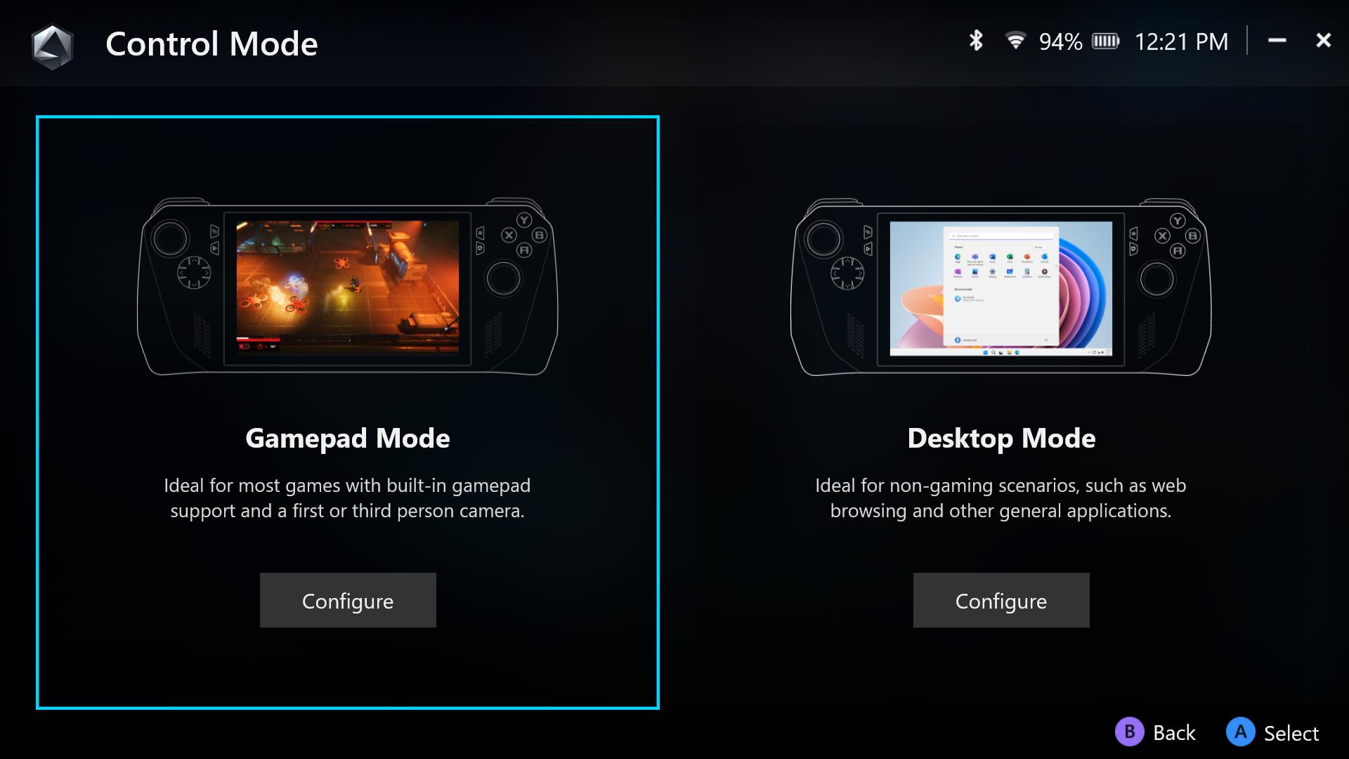 A screenshot of Armoury Crate's Control Mode settings, showing the Gamepad and Desktop options.