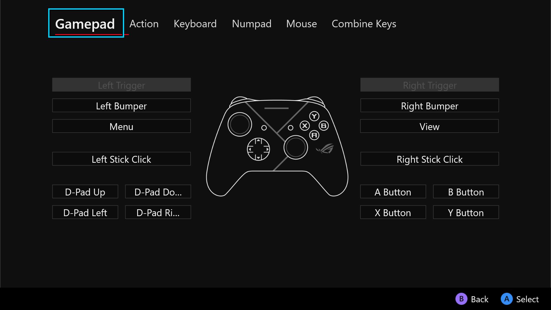 A screenshot showing an outline of a game controller, with a list of different actions available for each button.