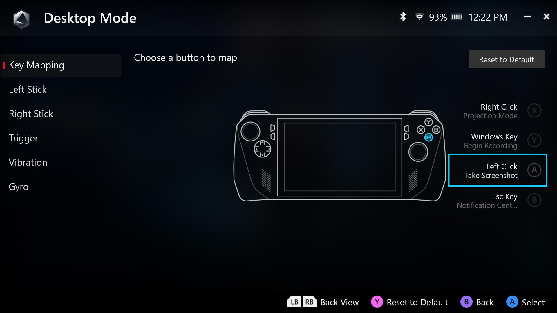 A screenshot showing an outline of the ROG Ally, with each button configurable to different functions.