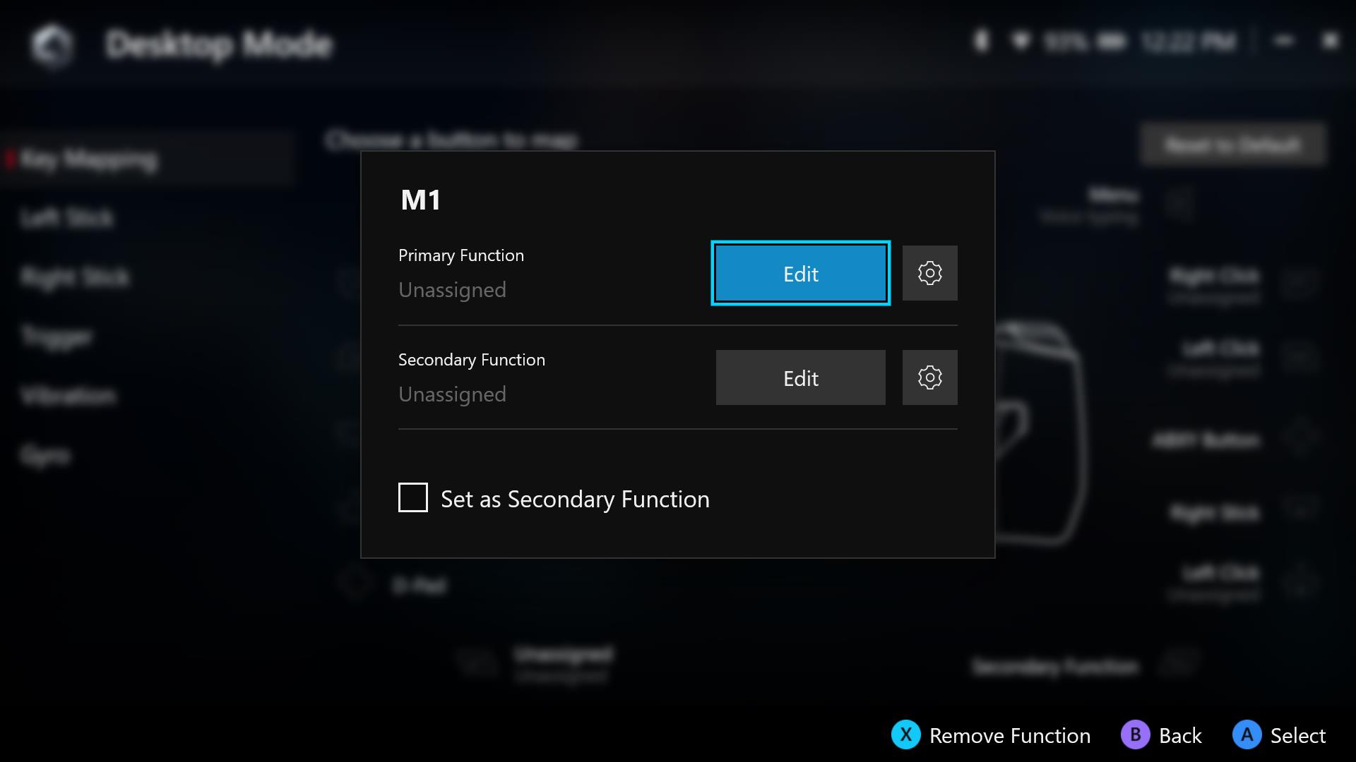 A screenshot of Armoury Crate's M1 button configuration.