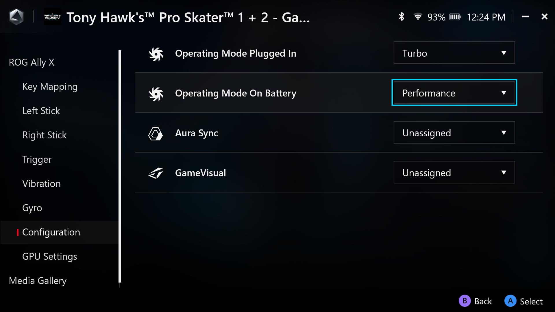 A screenshot of Amoury Crate's game profile screen showing operating modes for a given game..
