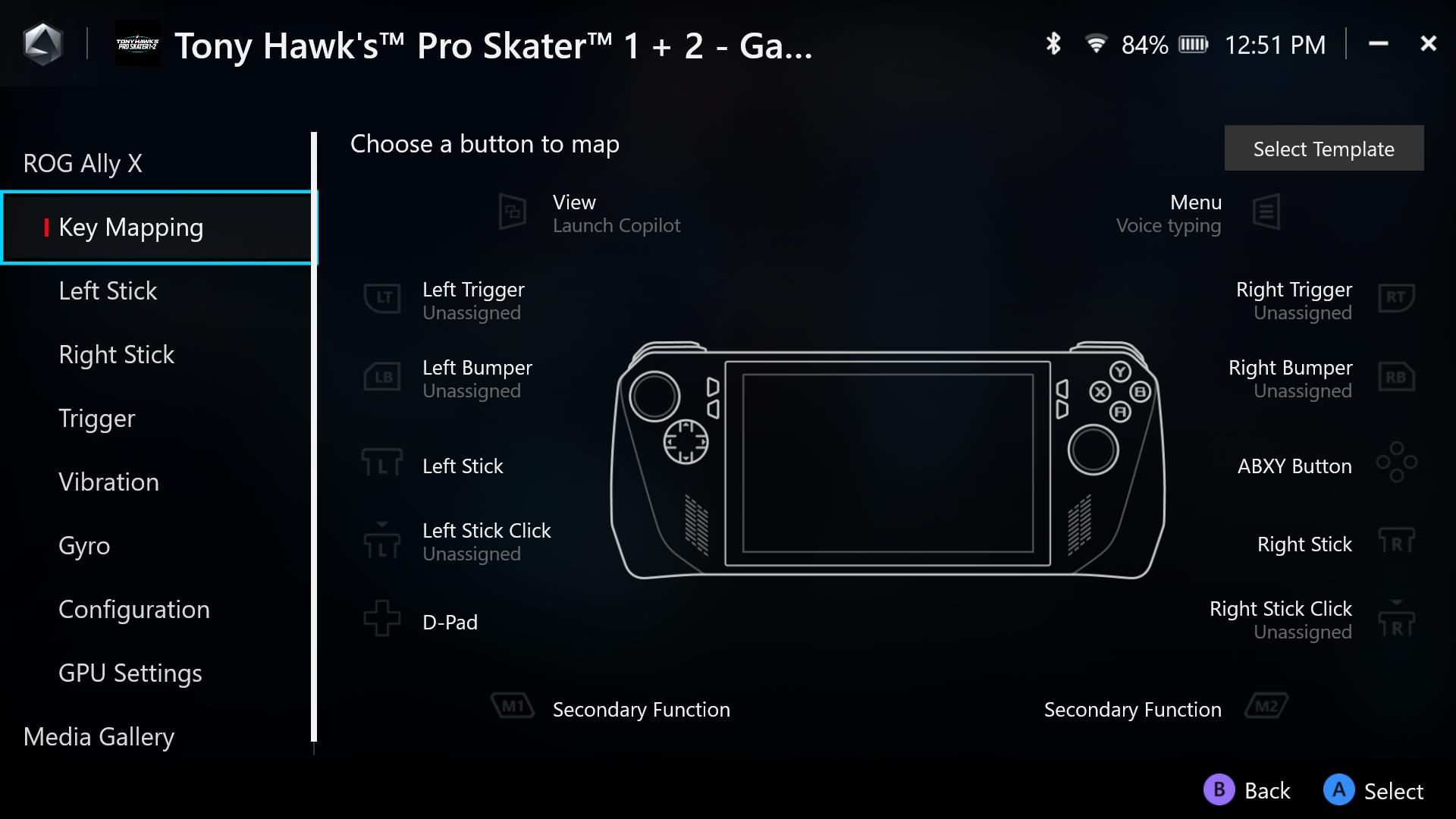 A screenshot showing an outline of the ROG Ally, with each button configurable to different functions.