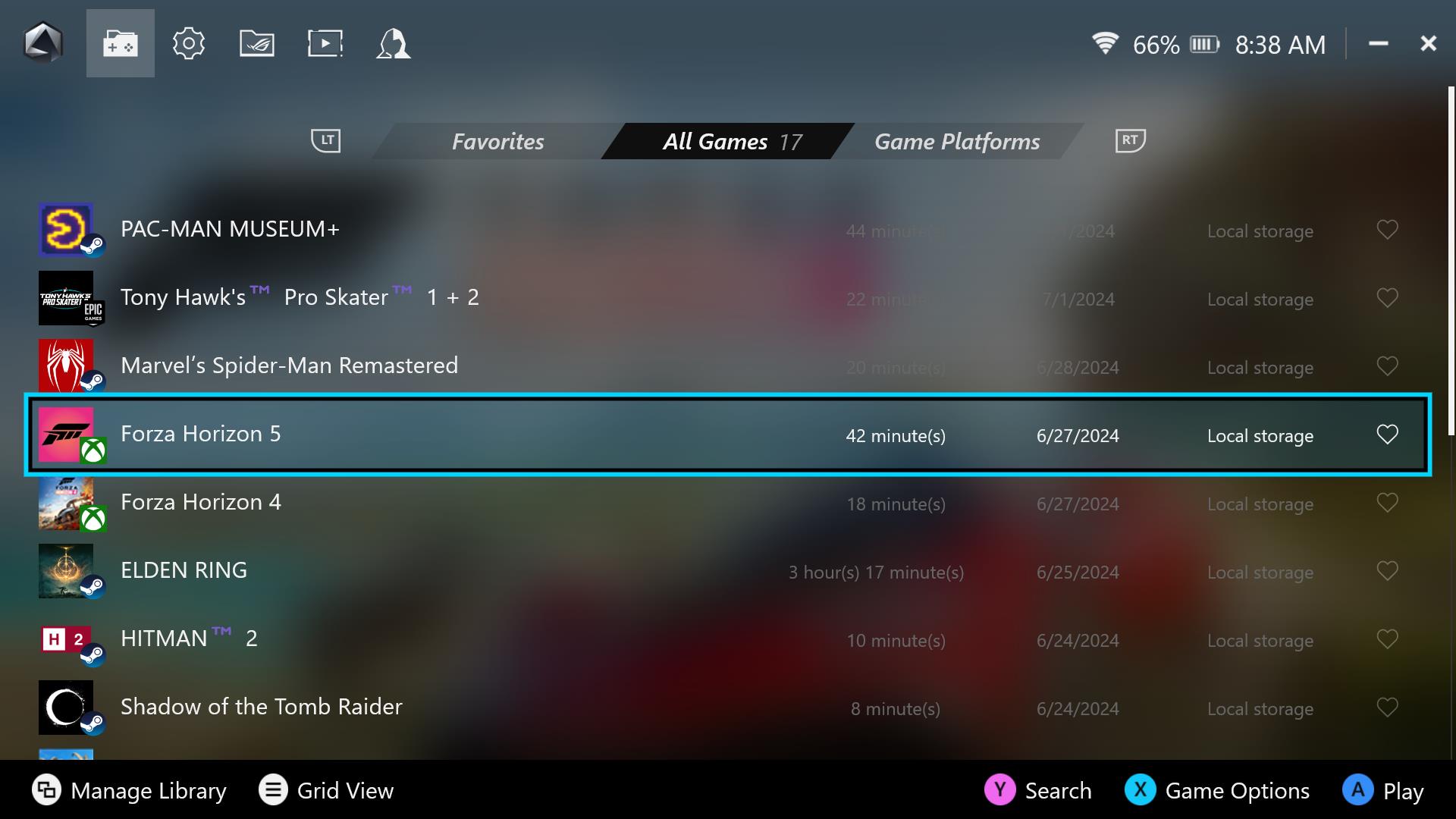 Armoury Crate SE Game Library in List View.