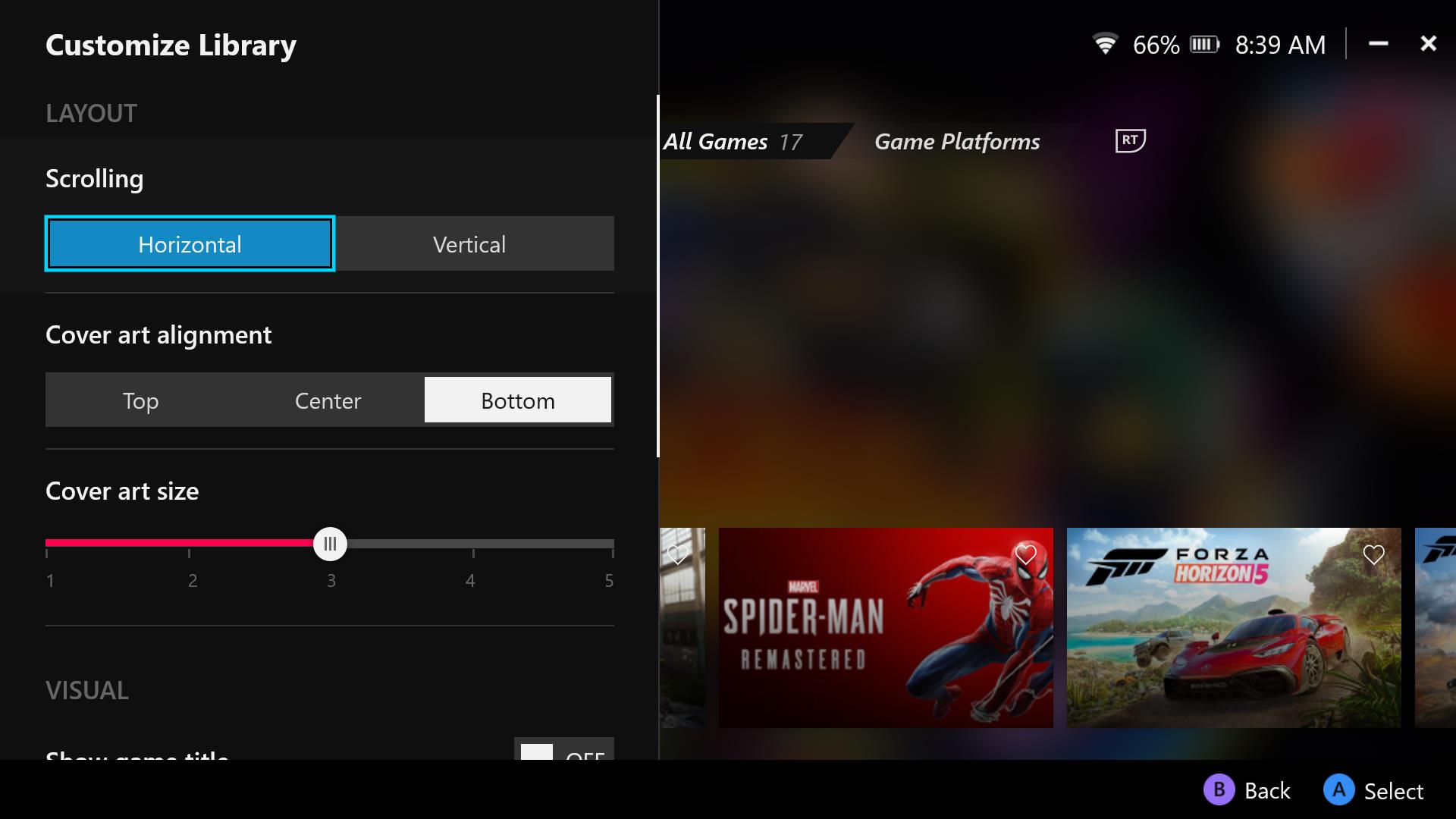 Armoury Crate SE Game Library with the Customize Library panel open.