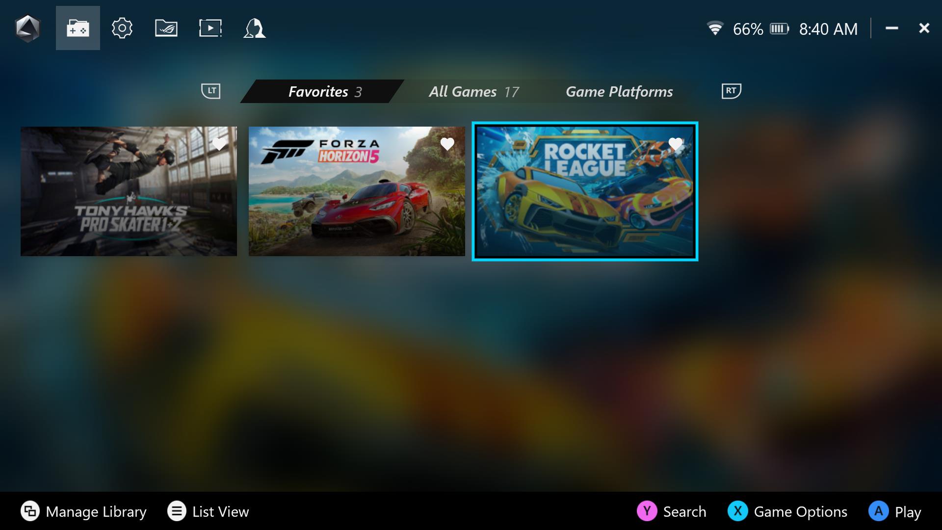 The Favorites tab of Armoury Crate SE's Game Library.
