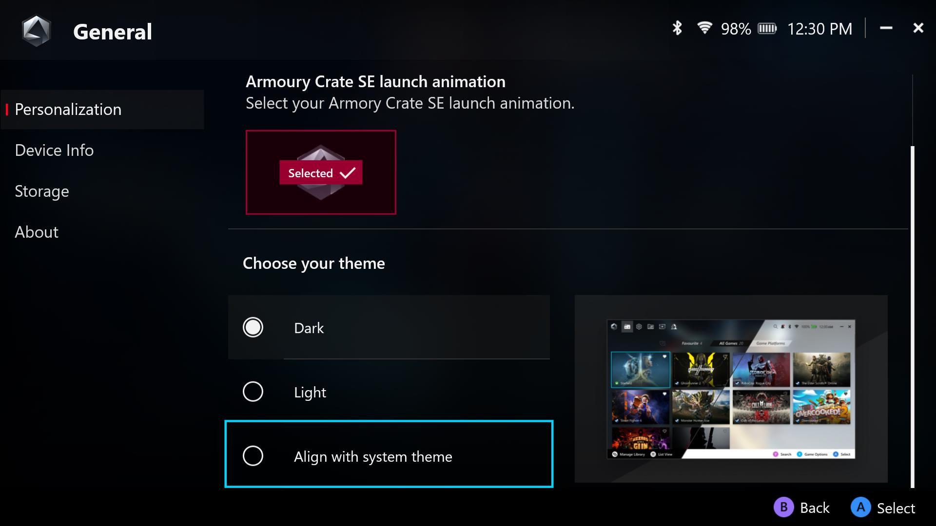 The Personalization pane of Armoury Crate SE with Dark and Light mode options available.