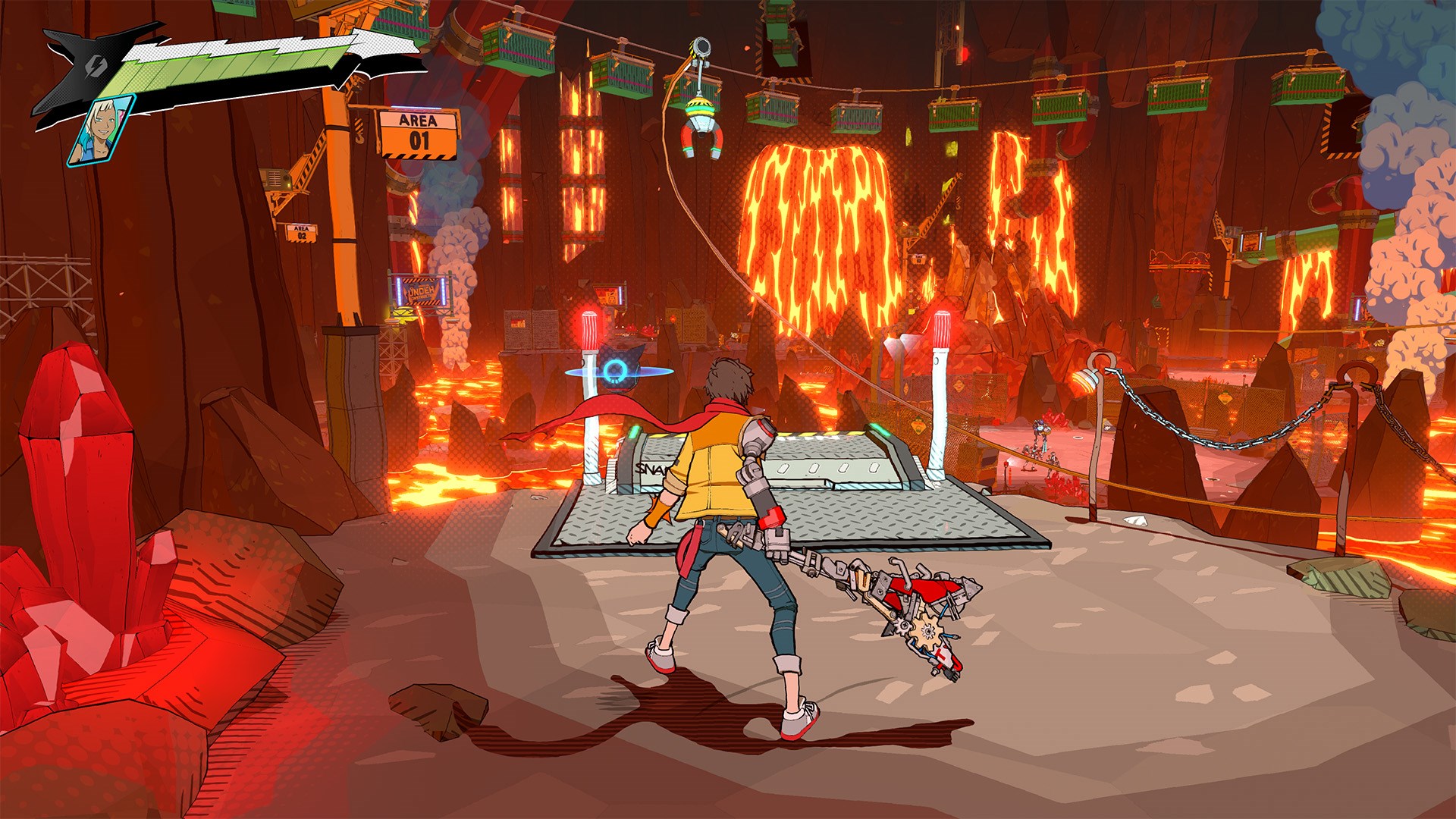 A boy with an electric guitar standing in front of a sea of lava.