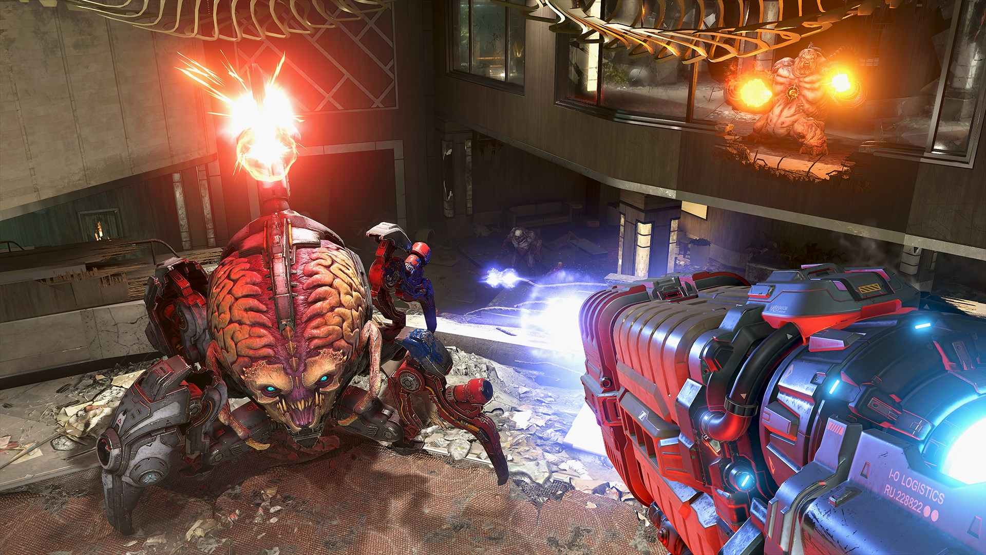 A first-person view of a large gun pointed at a robot spider with a brain for a head.