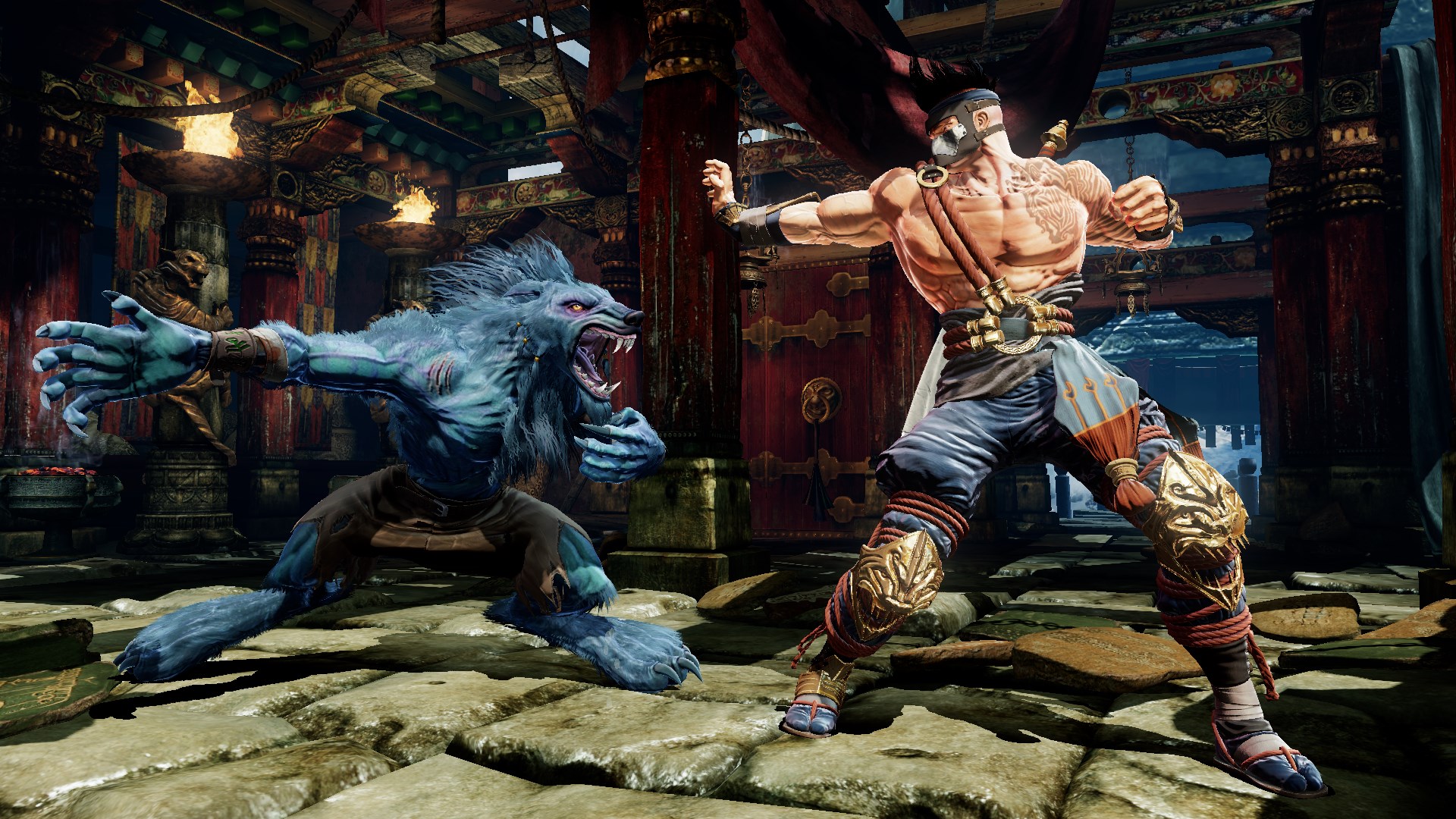 A muscular man holding a fighting stance in front of a werewolf-like creature.