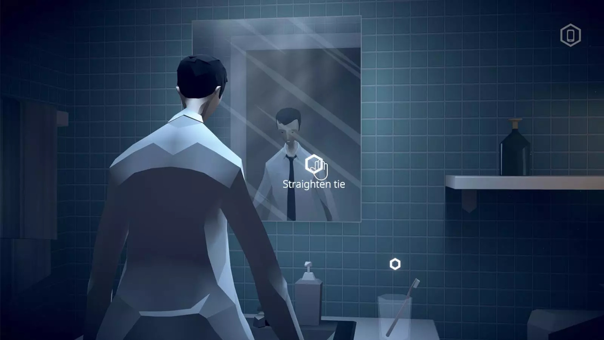 A man in a white shirt looking into the bathroom mirror.