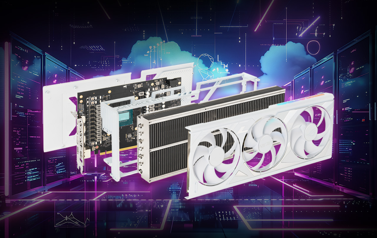 Eine Explosionsgrafik einer ROG Strix Geforce RTX 40801 Super White vor blauem Hintergrund mit lila Highlights