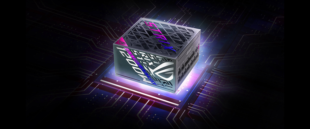 ROG Strix Platinum 1200W PSU illuminated from the bottom, resting atop a cyber backdrop