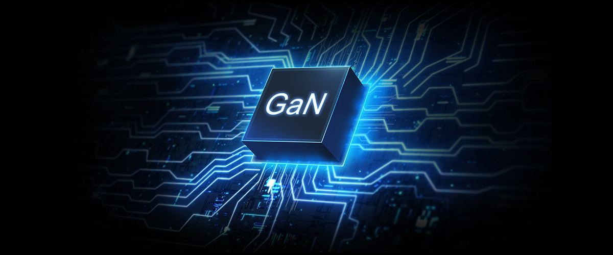 Blue, cyber-stylized visual representation of GaN MOSFET technology