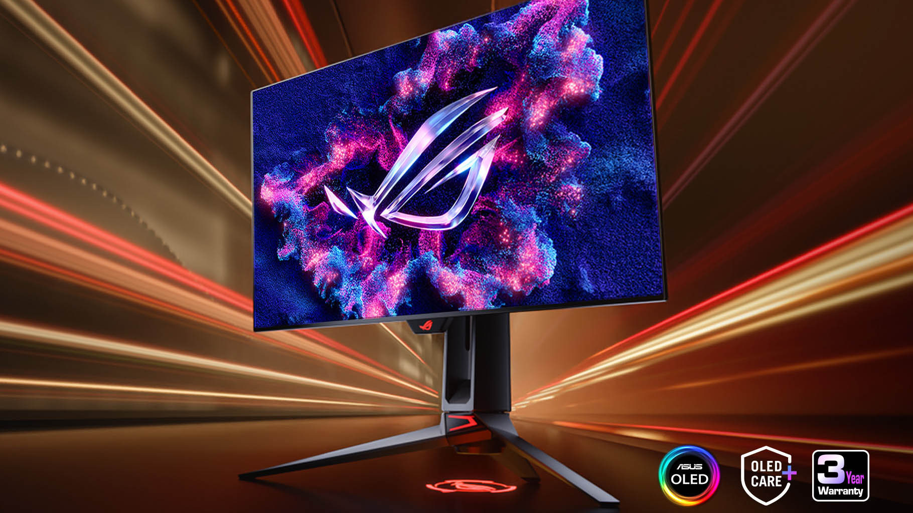 The ROG Swift OLED PG27AQDP on an orange background with rays shining out behind it.