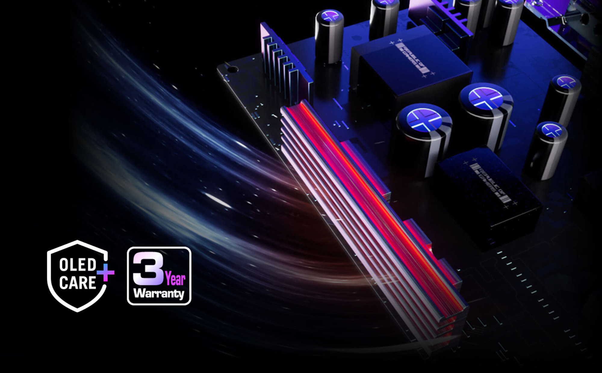 An infographic showing OLED Care+ features, indicating a three-year warranty and the cooling provided by the custom heatsink