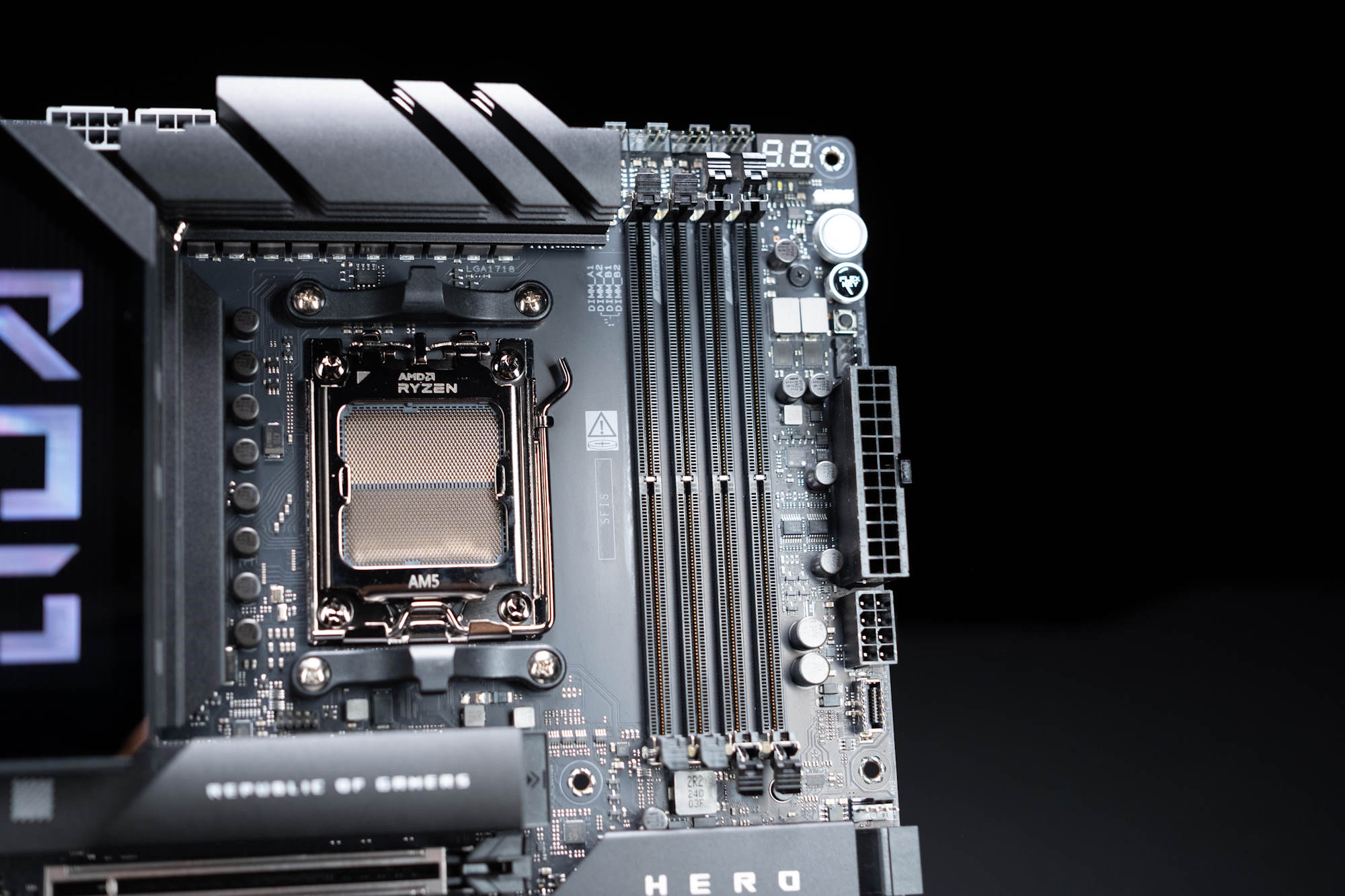 A closeup view of the AM5 socket and DRAM slots on the ROG Crosshair X870E Hero motherboard