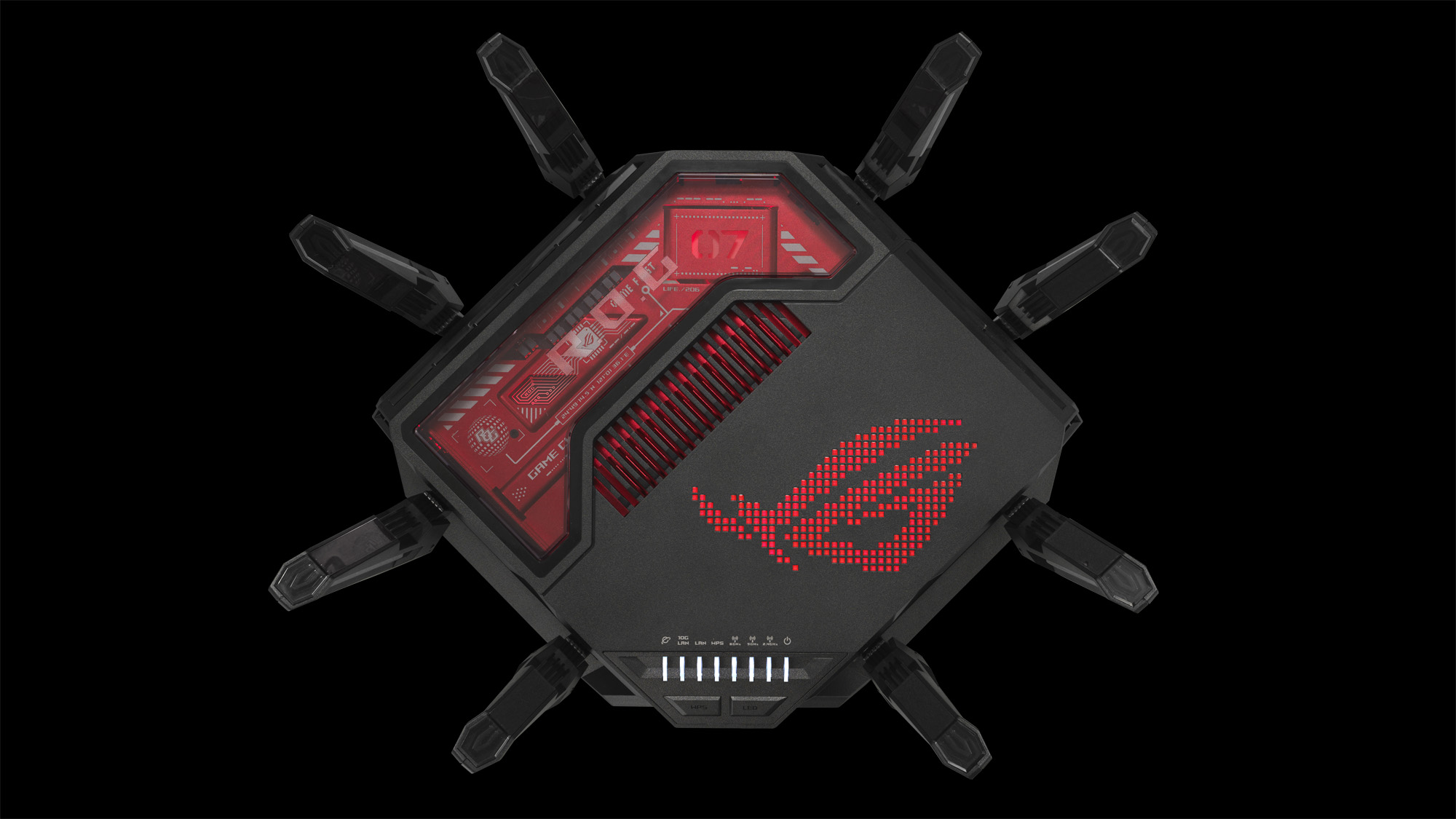 The ROG GT-BE19000 router on a black background.