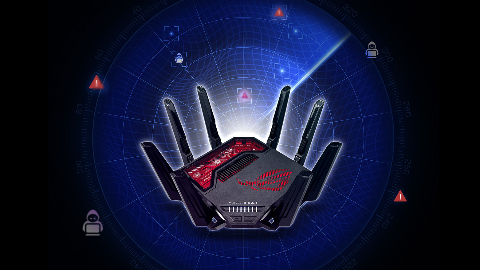 An ROG router surrounded by a blue bubble.