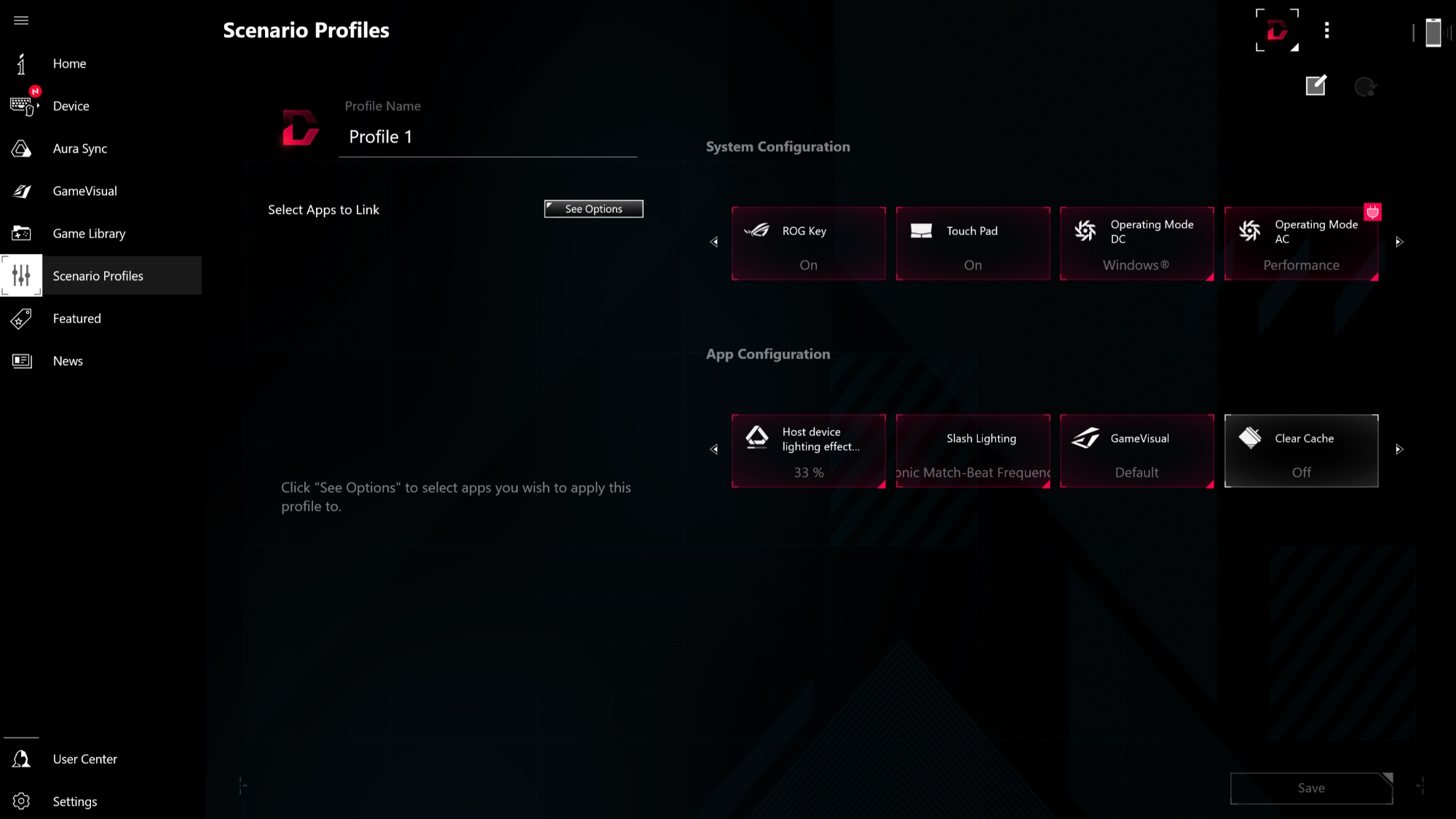 The Scenario Profiles pane of the Armoury Crate interface.