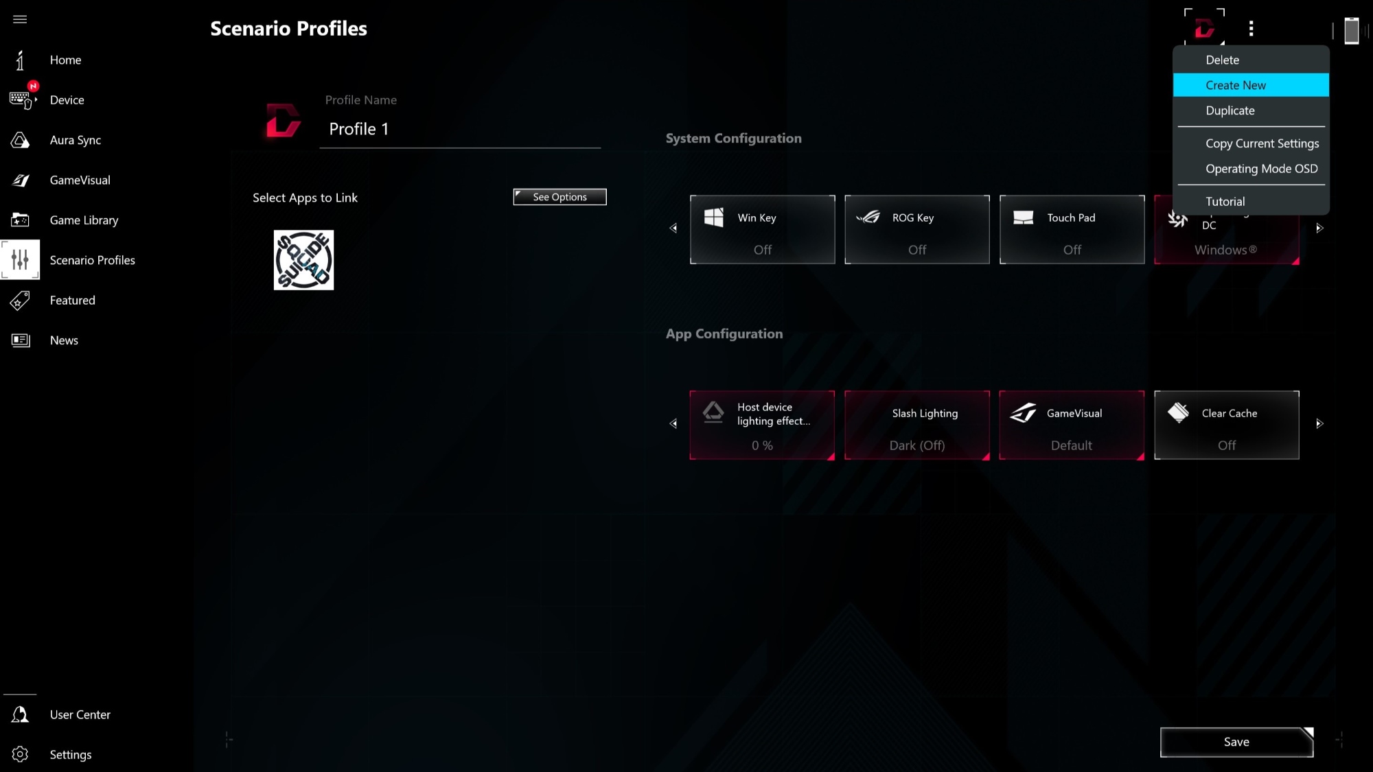 The information pane of the Armoury Crate interface with the Create New option highlighted.