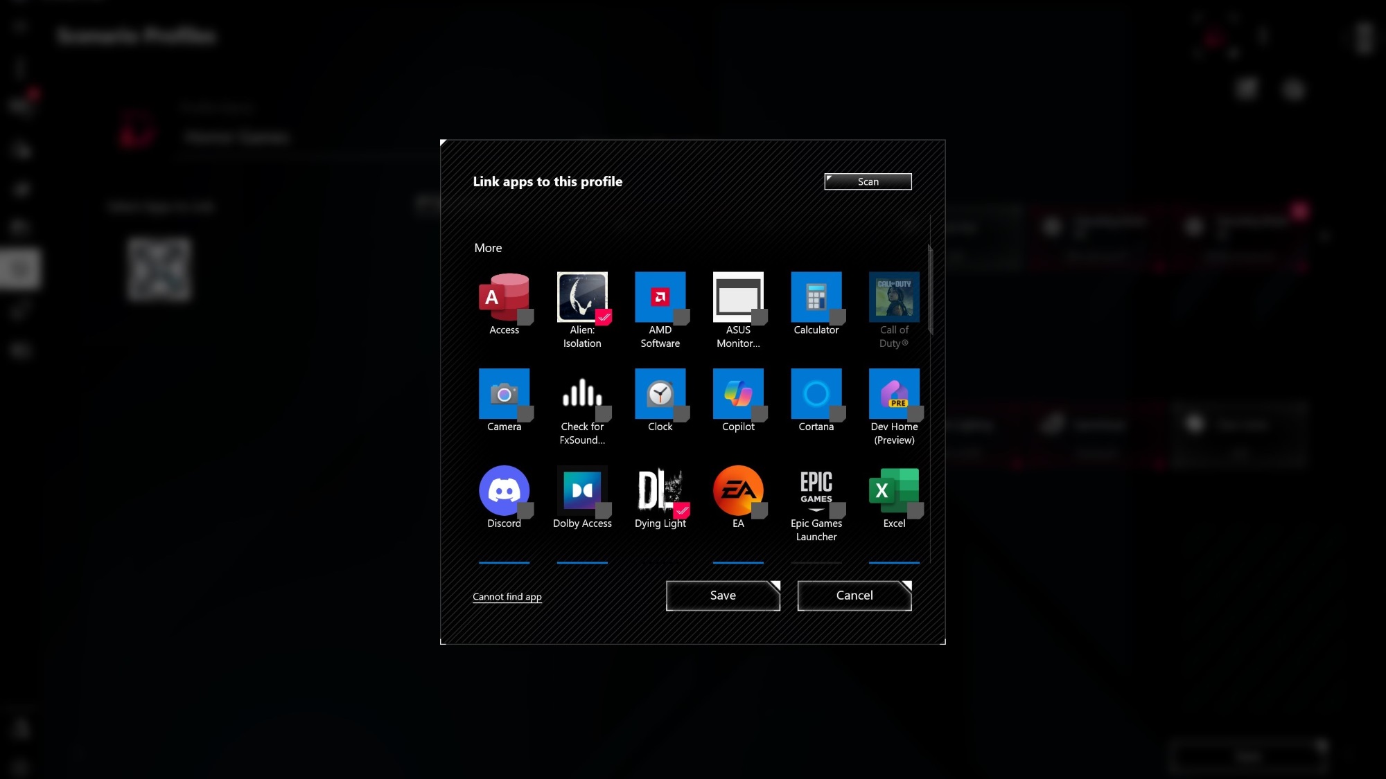 A list of apps installed on a computer, with horror games checked.