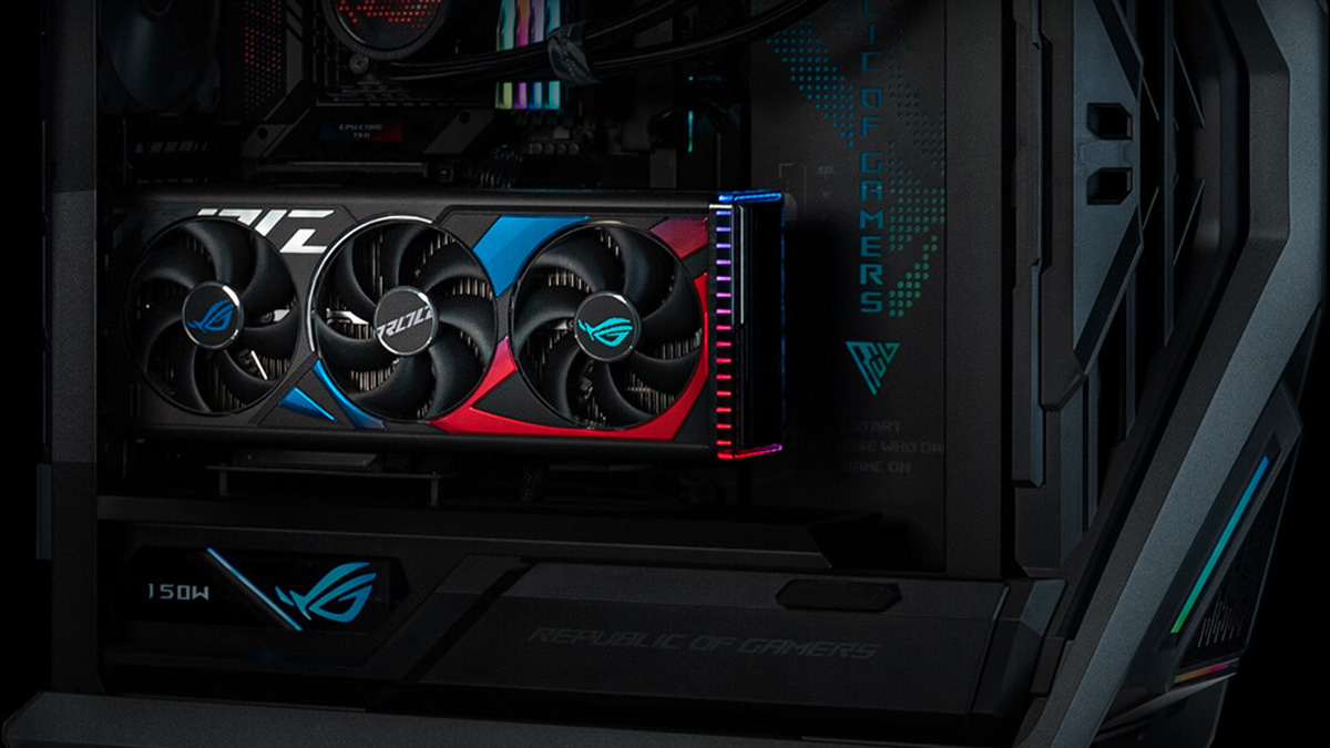 An ROG Strix graphics card mounted inside a desktop PC.
