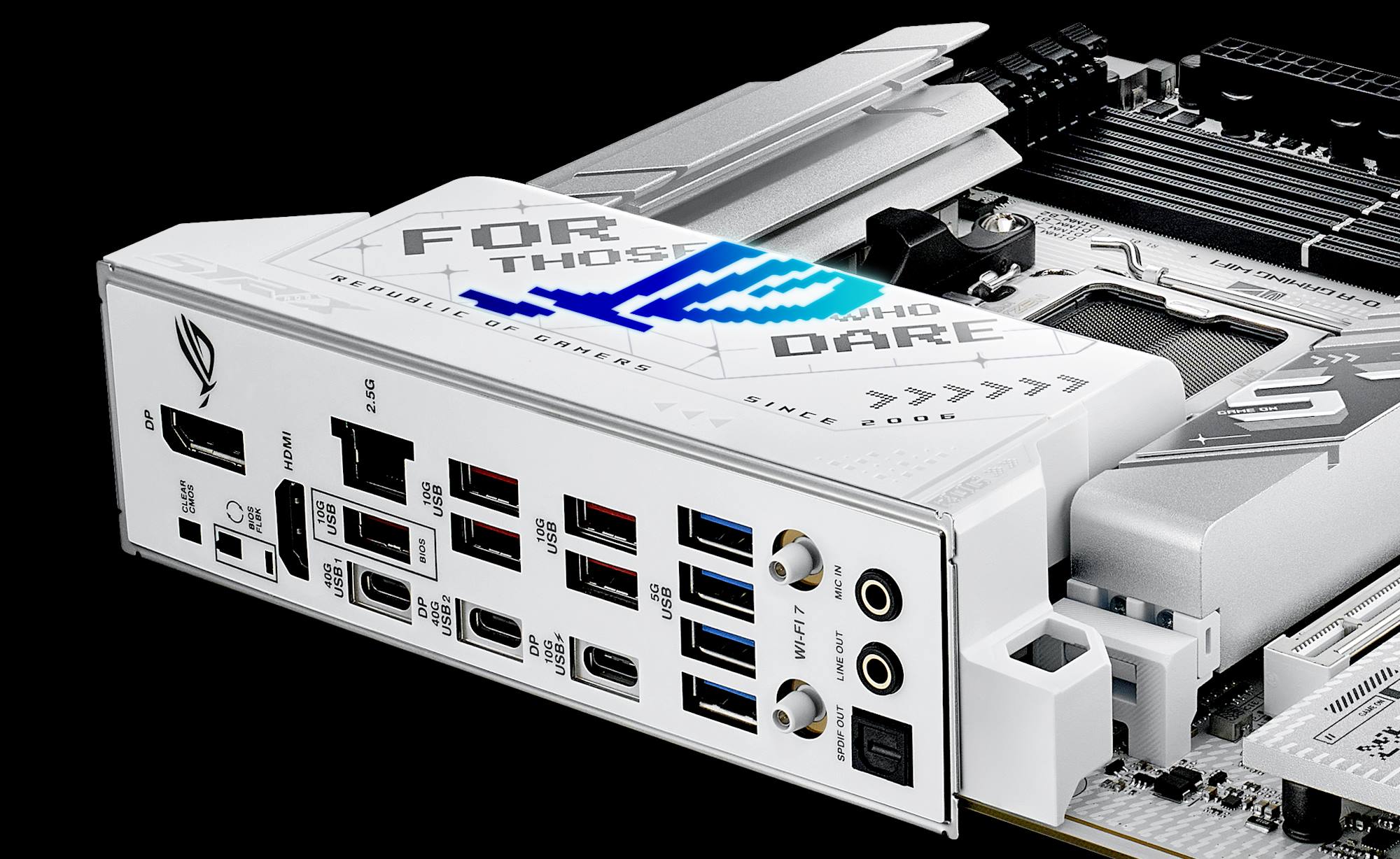 A view of the rear I/O panel on the ROG Strix X870-A Gaming WiFi motherboard