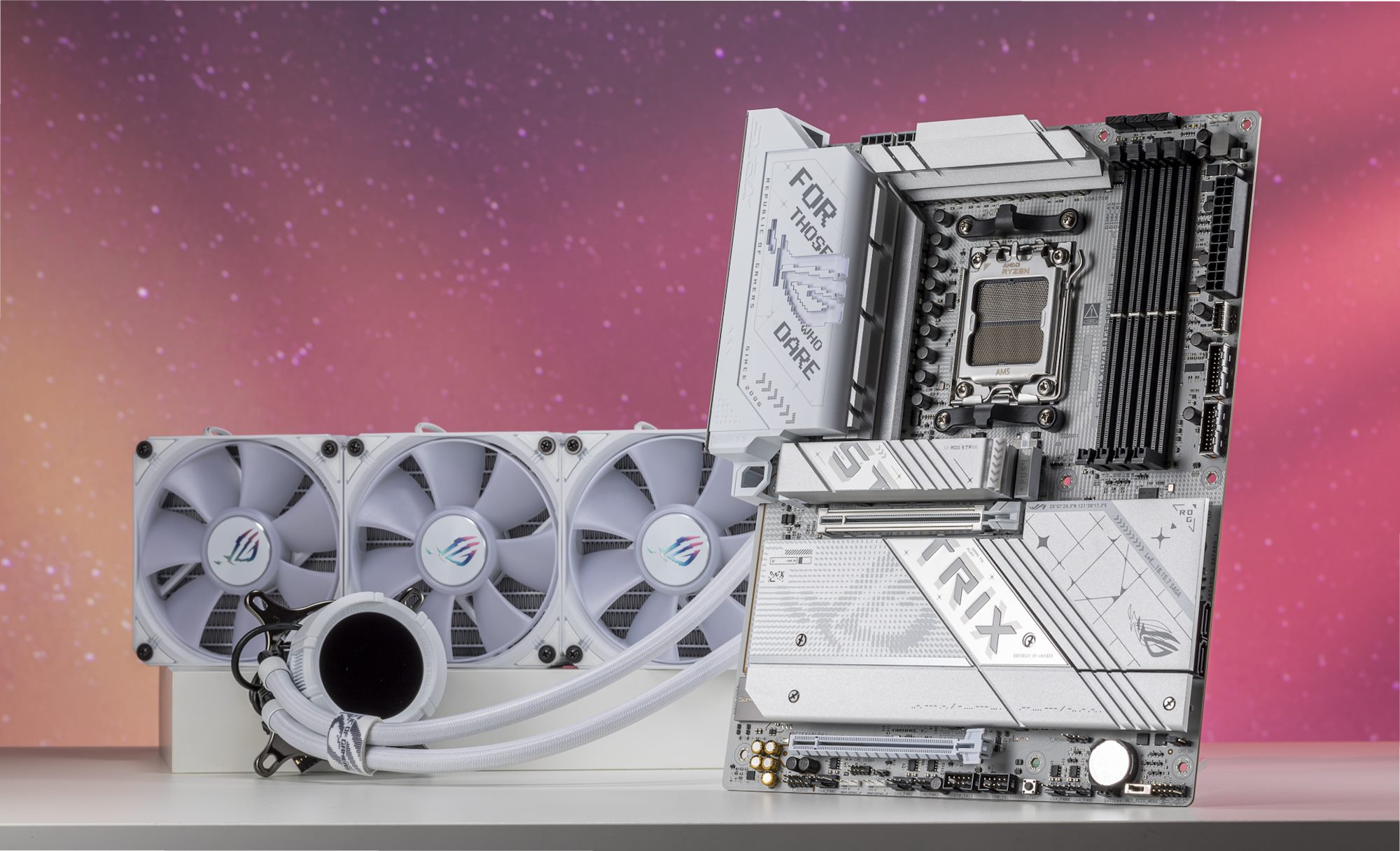 The ROG Strix X870-A Gaming WiFi motherboard next to an ROG Strix AIO liquid cooler in a coordinating color scheme