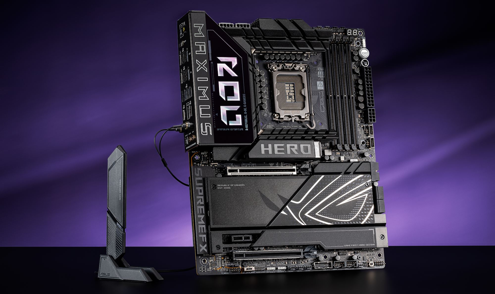The ROG Maximus Z890 Hero motherboard from a front view with its ASUS WiFi Q-Antenna connected