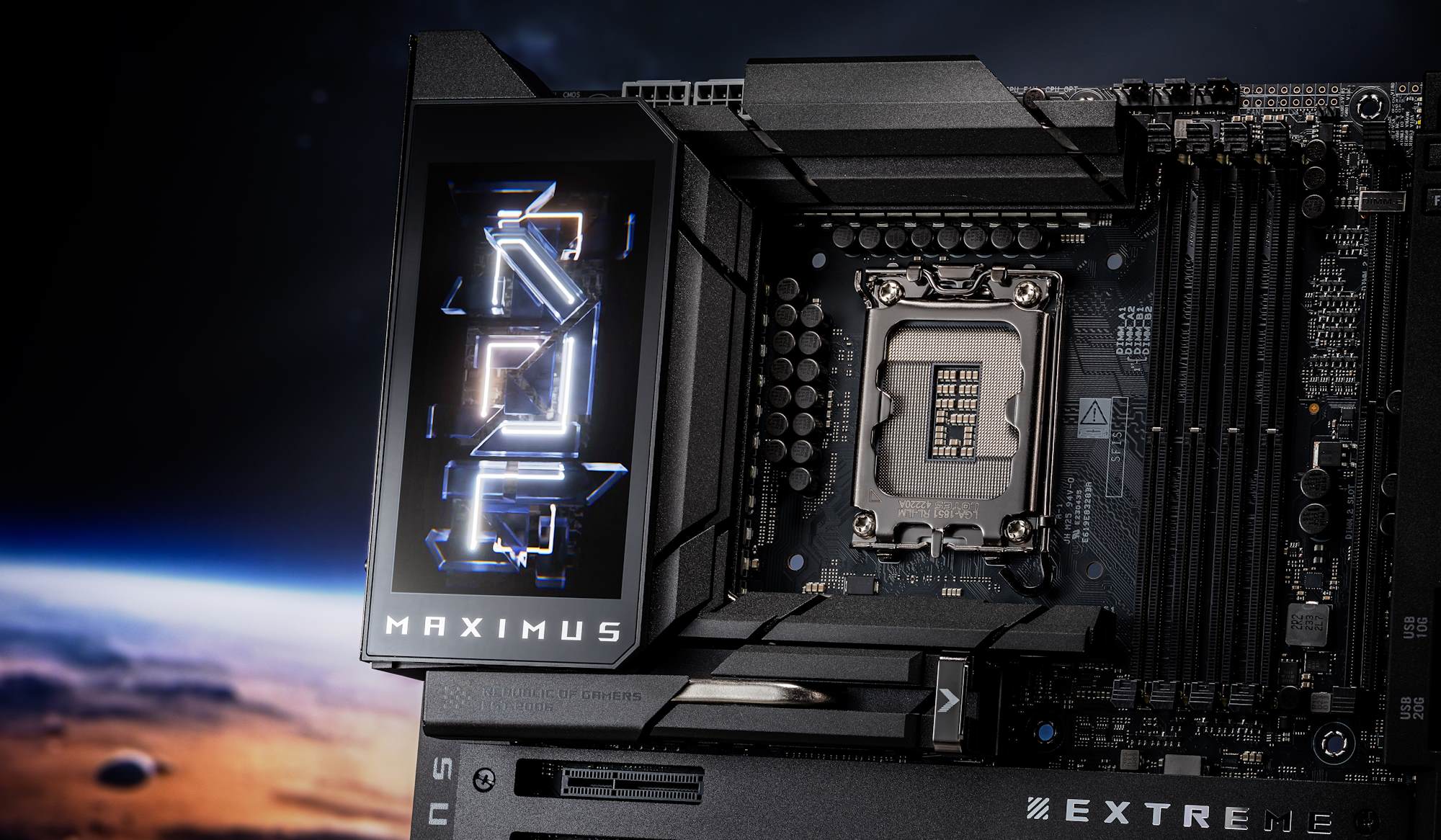 A closeup view of the I/O shroud and CPU socket on the ROG Maximus Z890 Extreme motherboard