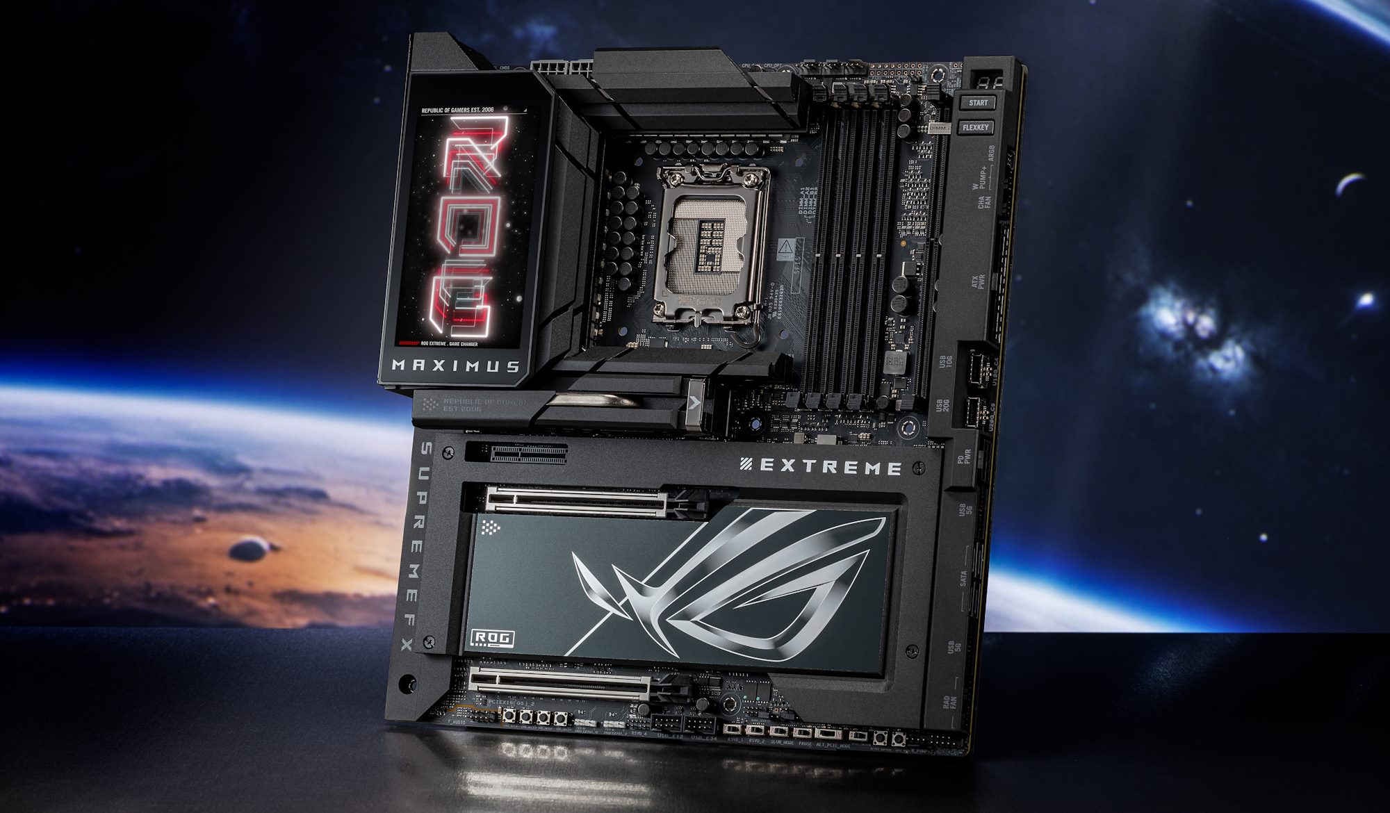 The ROG Maximus Z890 Extreme motherboard against a stylized background of deep space and a planet