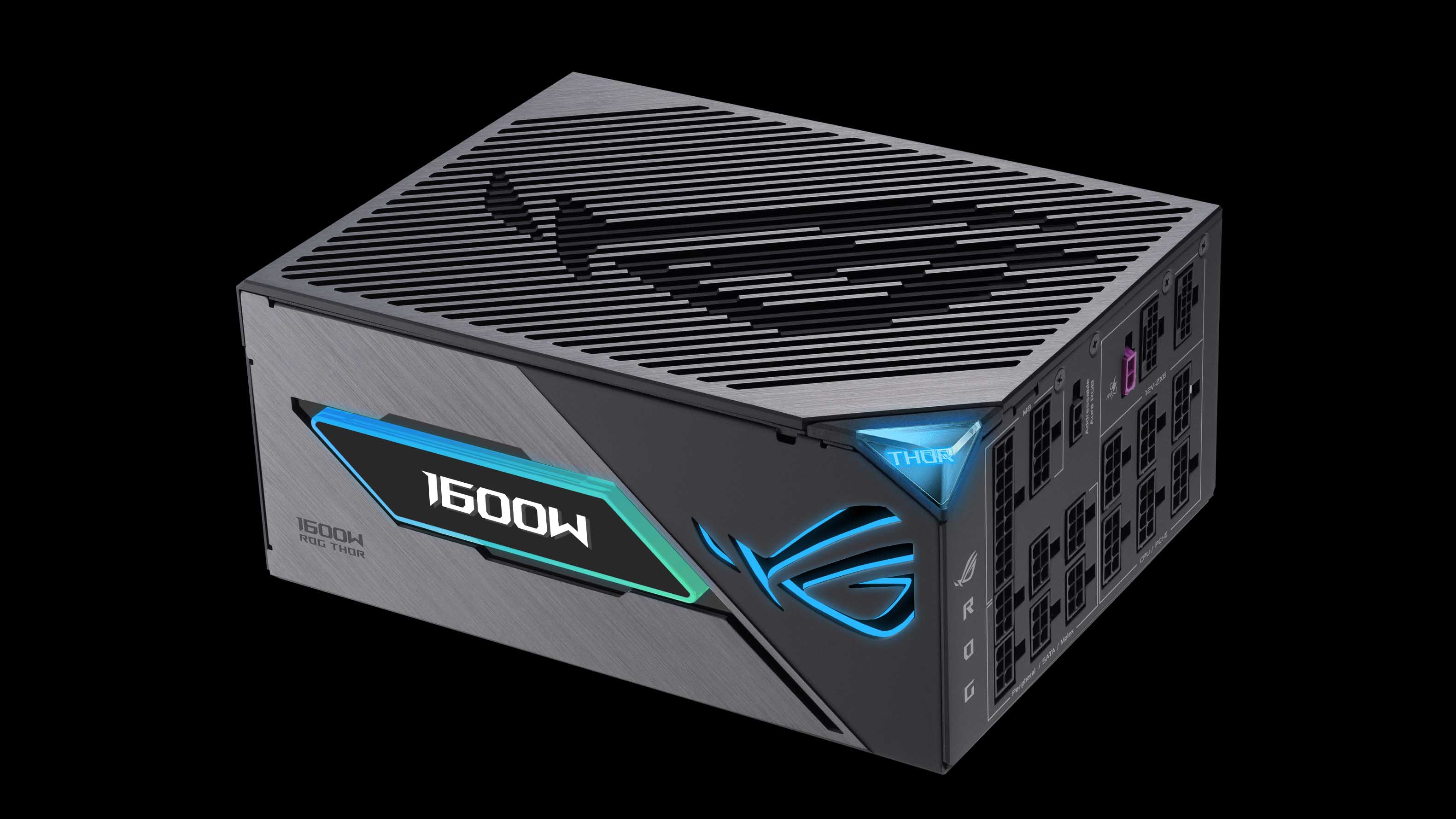 The ROG Thor 1600W Titanium III with its RGB lighting glowing on a black background.