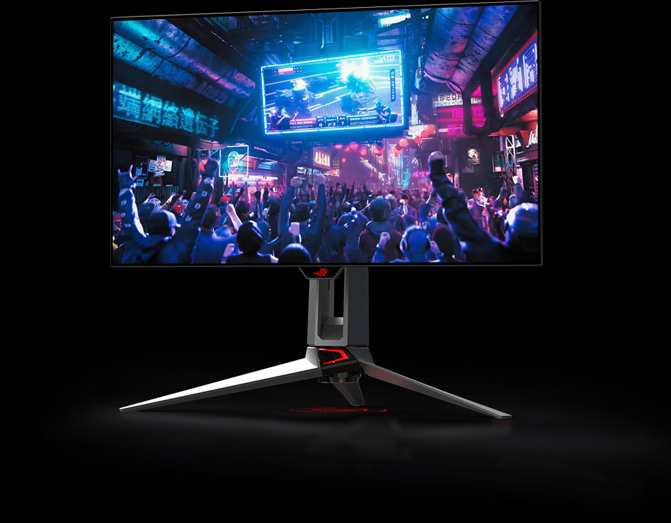 Ein ROG Swift OLED PG27AQDM vor schwarzem Hintergrund