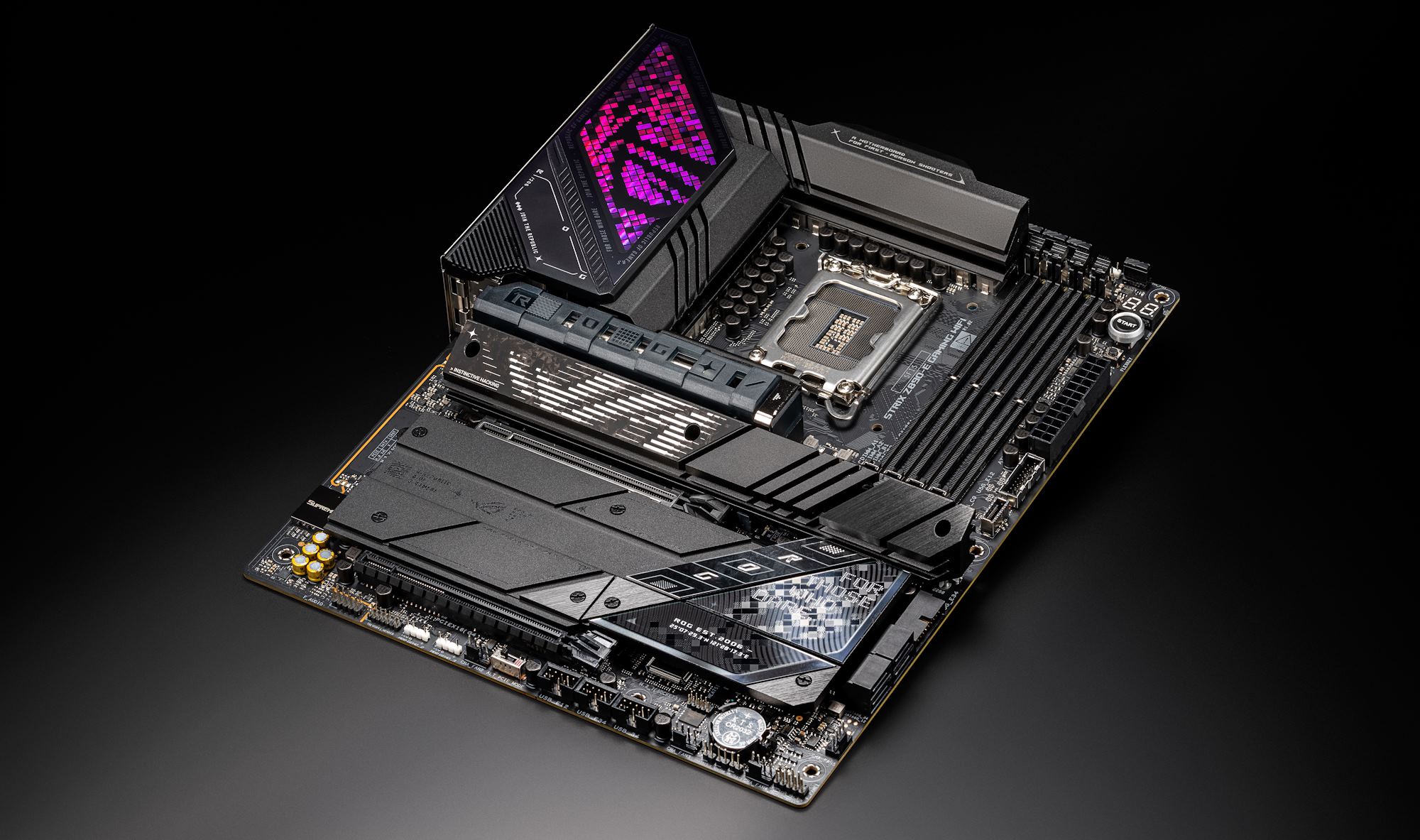 Ein liegendes ROG Strix Z890-E Gaming WiFiII Mainboard